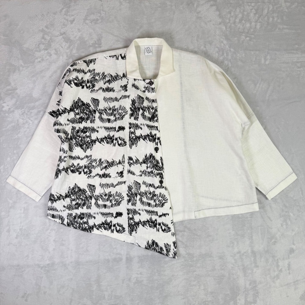 M Square Button Down Shirt Womens OS White Black Asymmetrical Linen Abstract